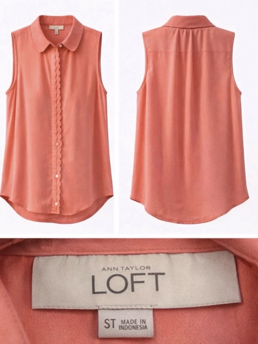 LOFT Coral Scallop-Trim Sleeveless Button Front Top